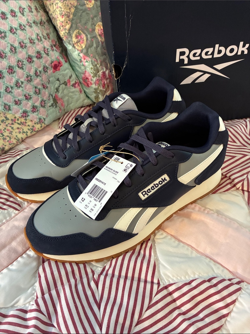 NWT Reebok Glide Men's Navy, Gray and Cream Retro Runner Sneakers Sz 12